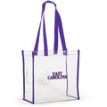A clear plastic tote bag with purple trim and handles, featuring the text 'EAST CAROLINA' printed in purple on the front, set against a plain white background.