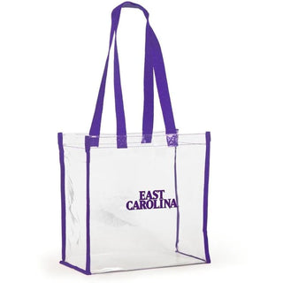 A clear plastic tote bag with purple trim and handles, featuring the text 'EAST CAROLINA' printed in purple on the front, set against a plain white background.