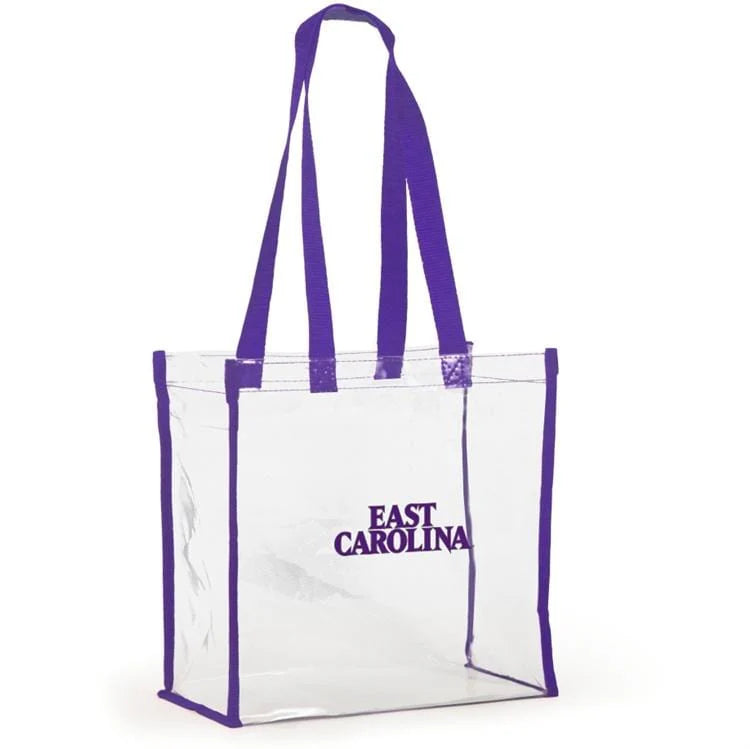 A clear plastic tote bag with purple trim and handles, featuring the text 'EAST CAROLINA' printed in purple on the front, set against a plain white background.