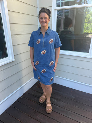 Denim Dress with Sparkle Footballs