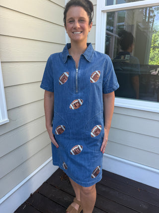 Denim Dress with Sparkle Footballs