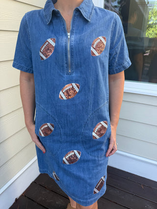 Denim Dress with Sparkle Footballs