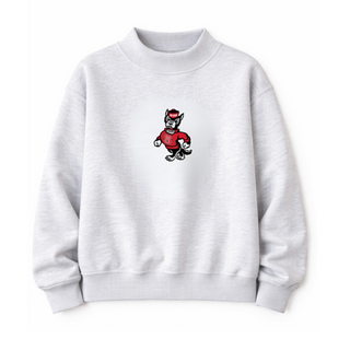 Gray sweatshirt with a small NC State embroidered wolf on a white background