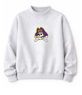 Gray mock neck sweatshirt with a embroidered pirate on a white background