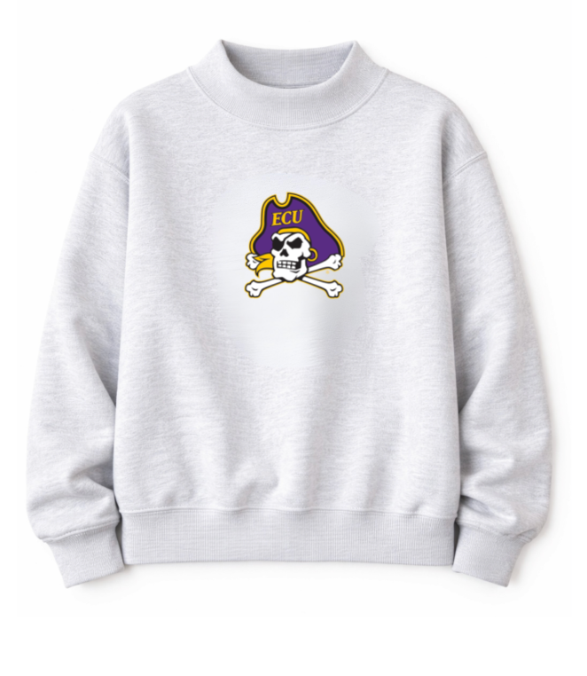Gray mock neck sweatshirt with a embroidered pirate on a white background