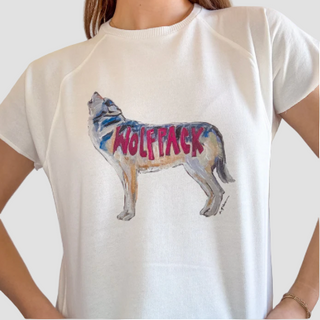 White t-shirt with a wolf graphic and 'WOLFPACK' text on a plain background