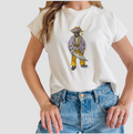 Person wearing a white t-shirt with a watercolor pirate with blue jeans.