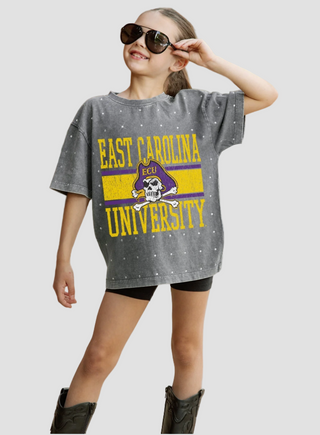 Youth wearing a rhinestone gray 'East Carolina University' t-shirt on a plain background
