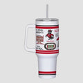 White tumbler with red and black design featuring NC State University branding on a light gray background.