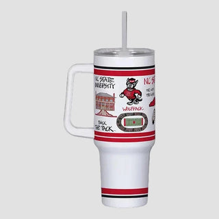 White tumbler with red and black design featuring NC State University branding on a light gray background.