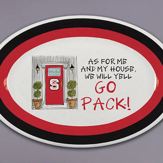 Oval-shaped sign with a red NC State door and "go pack" written on it