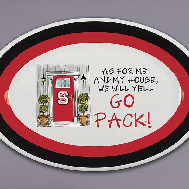 Oval-shaped sign with a red NC State door and "go pack" written on it