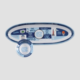 Decorative chips and dip platter with UNC-themed designs on a white background