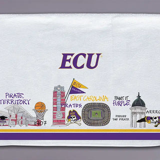 Decorative tea towel with East Carolina University (ECU) logos and symbols on a white background.