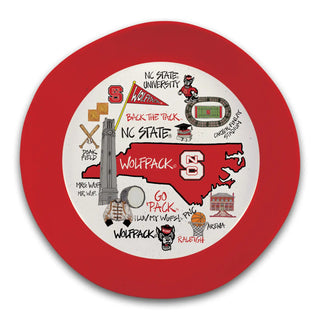 Decorative platter with NC State Wolfpack-themed illustrations on a red rim