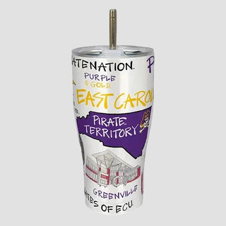 Tumbler with 'East Carolina Pirate Territory' design on a white background