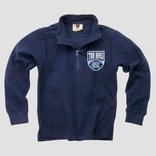 Navy youth blue pullover with a Tar Heels logo on a light gray background