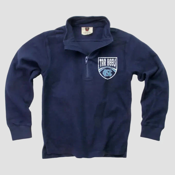 Navy youth blue pullover with a Tar Heels logo on a light gray background