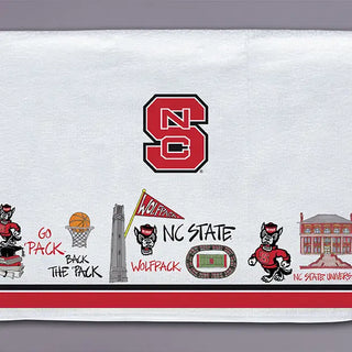 NC State Wolfpack-themed towel with logos and text on a white background