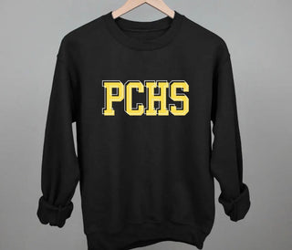 Black crewneck sweatshirt with PCHS embroidered in yellow gold