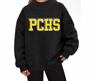 Black mockneck sweatshirt with PCHS embroidered in yellow gold